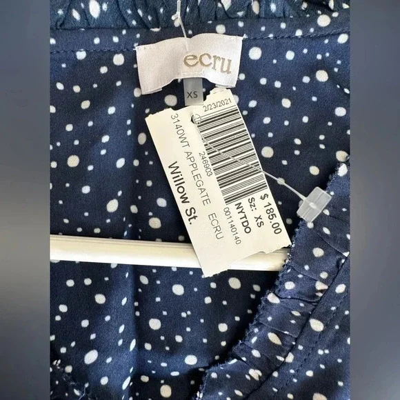 Ecru Blue Double Ruffle Sleeve V Neck‎ Polka Dot Career Top XS - Picture 5 of 6